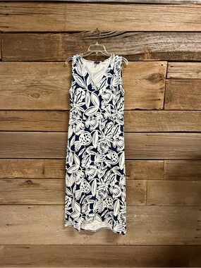 Talbots Navy & White Botanical V-Neck Midi Dress